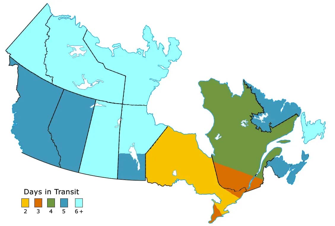 Canadian FedEx shipping map